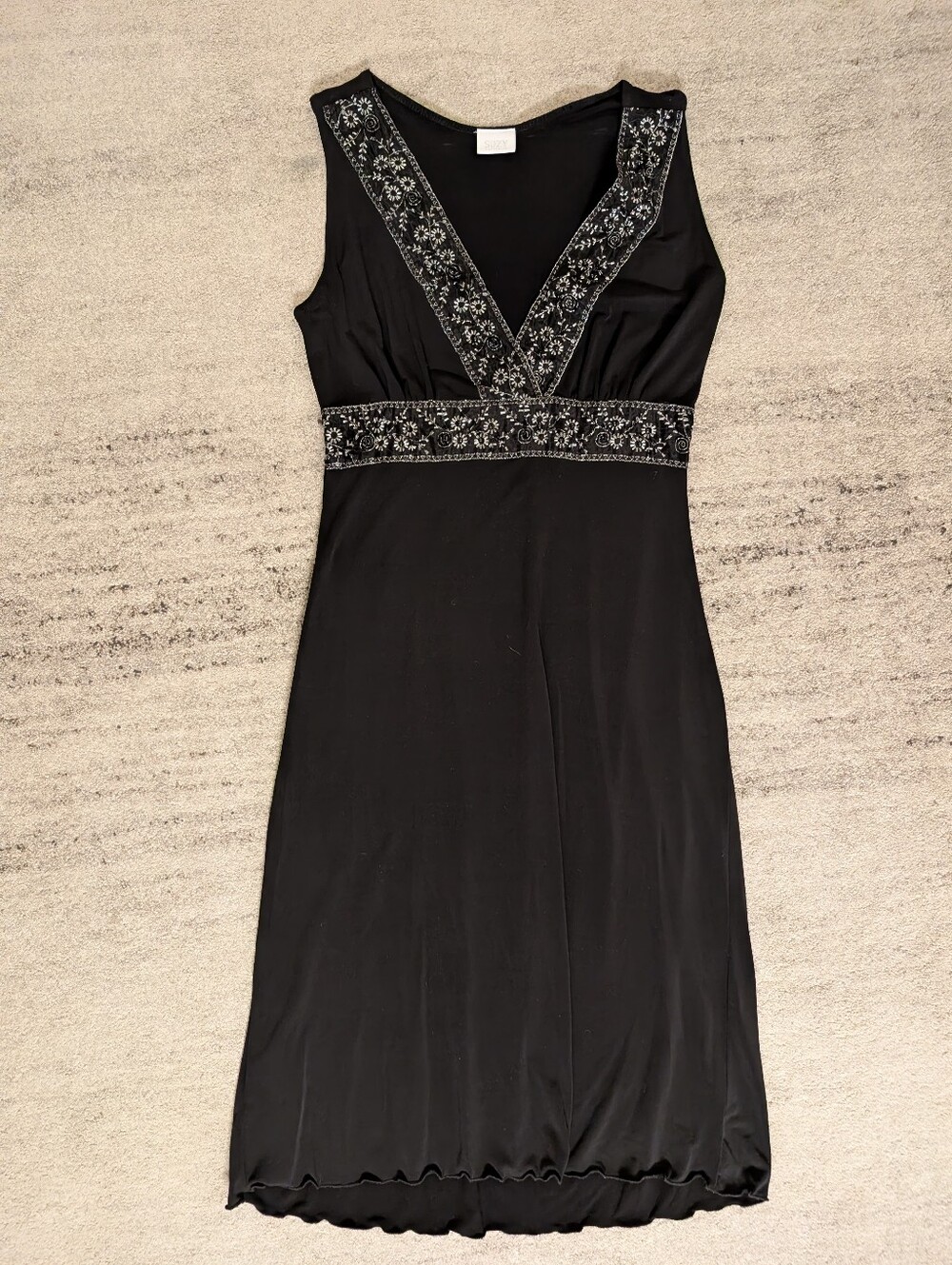 Suzy Shier Black V-Neck Dress with Silver And Beaded Embellished Waist
